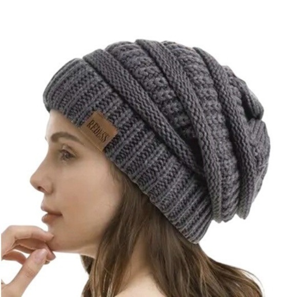 Other - Unisex Slouchy Chunky Soft Warm Fleece Lined Beanie Hat‎ Cap Gray OS Outdoor